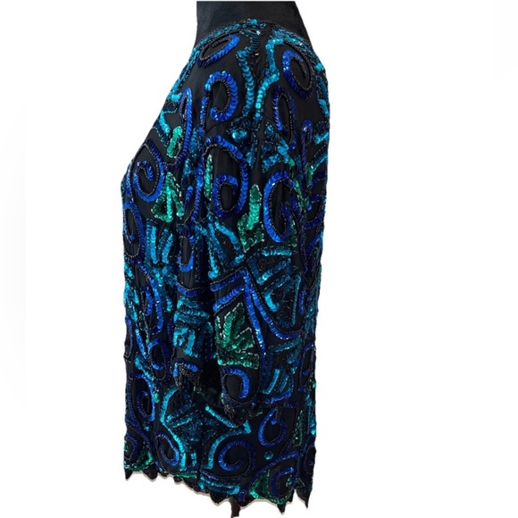 Laurence Kazar ladies size 1X black blue green evening glam top 100% silk sequin - Picture 5 of 10